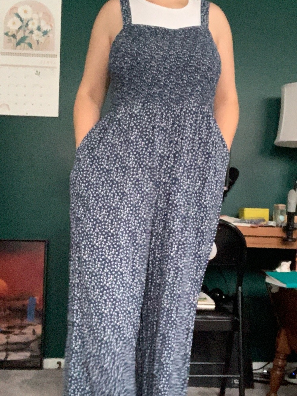 Blue floral smocked wide leg sleeveless jumpsuit 2xl